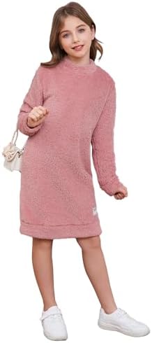 RoseSeek Girls Fuzzy Sherpa Long Sweatshirt Mock Neck Dress