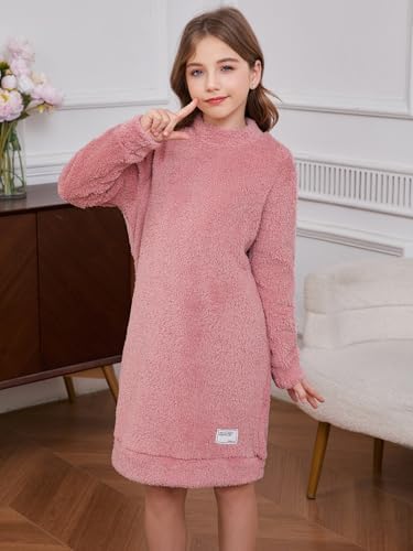 RoseSeek Girls Fuzzy Sherpa Long Sweatshirt Mock Neck Dress