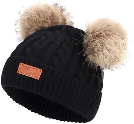 Egmy Baby Winter Knitted Beanie for Babies with Double Pom Poms