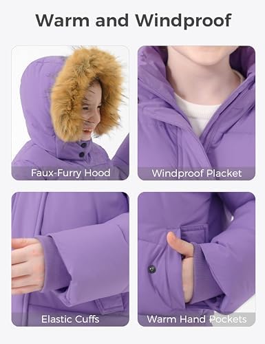 Wantdo Girls Winter Jacket Long Puffer Coat Fleece Outerwear Jacket with Hood Waterproof