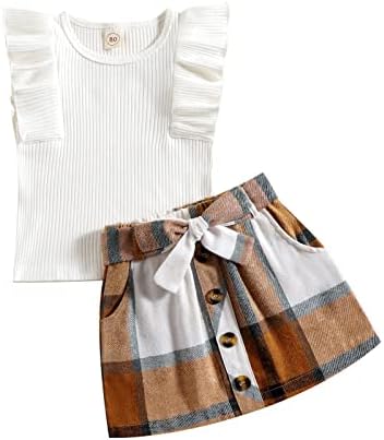 Ruffle Sleeveless Top Plaid Bow Skirt Set for Toddler Girls Summer