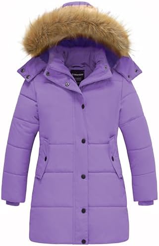Wantdo Girls Winter Jacket Long Puffer Coat Fleece Outerwear Jacket with Hood Waterproof