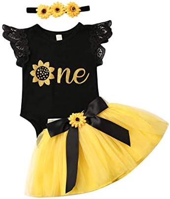 3PCS Baby Girls Flying Sleeves Alphabet Print Romper Sunflower Mesh Tutu Skirt Headband
