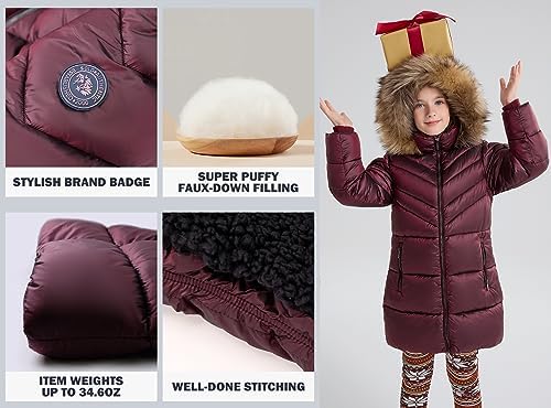SOLOCOTE Girls Puffer Winter Coat Faux Down Filled Water-Resistant Sherpa Linings Cozy