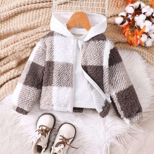 Childrens Autumn Winter Plush Plaid Hooded Coat for Girl Boy