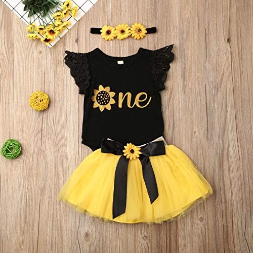 3PCS Baby Girls Flying Sleeves Alphabet Print Romper Sunflower Mesh Tutu Skirt Headband