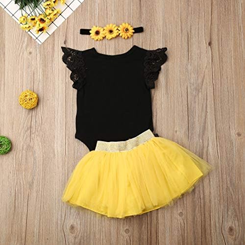 3PCS Baby Girls Flying Sleeves Alphabet Print Romper Sunflower Mesh Tutu Skirt Headband