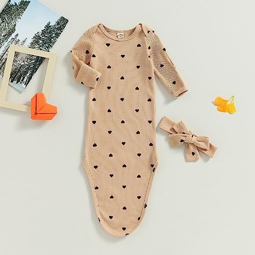Valentines Knotted Gown Baby Newborn Sleeping Bag Heart Print Gown Khaki