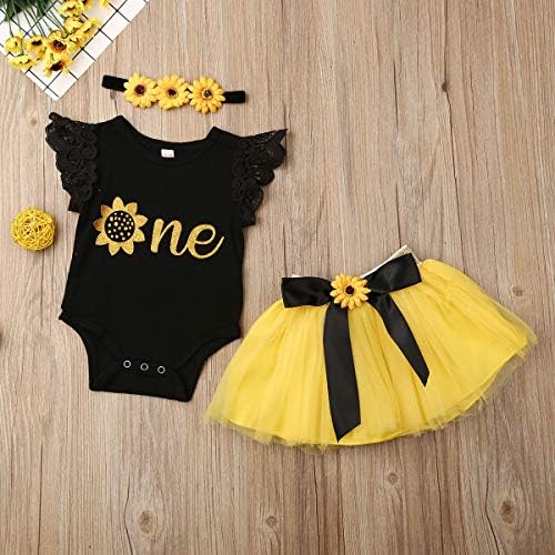3PCS Baby Girls Flying Sleeves Alphabet Print Romper Sunflower Mesh Tutu Skirt Headband