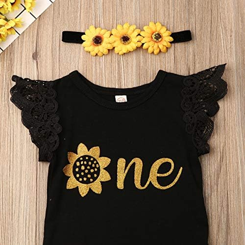 3PCS Baby Girls Flying Sleeves Alphabet Print Romper Sunflower Mesh Tutu Skirt Headband