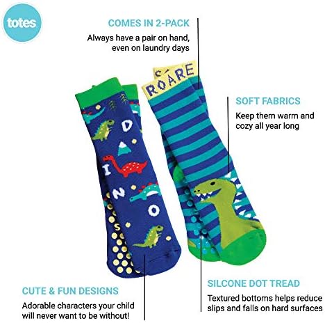 Totes Boys Cozy Slipper Socks with Dino Grips 2 Pack