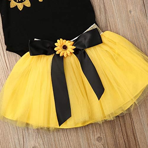 3PCS Baby Girls Flying Sleeves Alphabet Print Romper Sunflower Mesh Tutu Skirt Headband