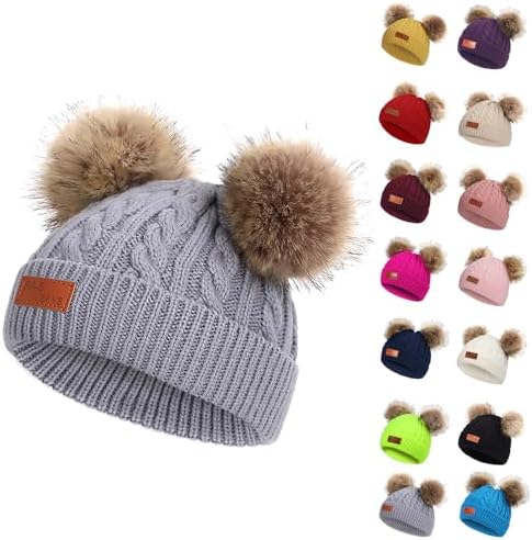 Egmy Baby Winter Knitted Beanie for Babies with Double Pom Poms