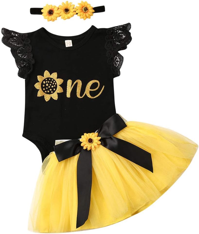 3PCS Baby Girls Flying Sleeves Alphabet Print Romper Sunflower Mesh Tutu Skirt Headband