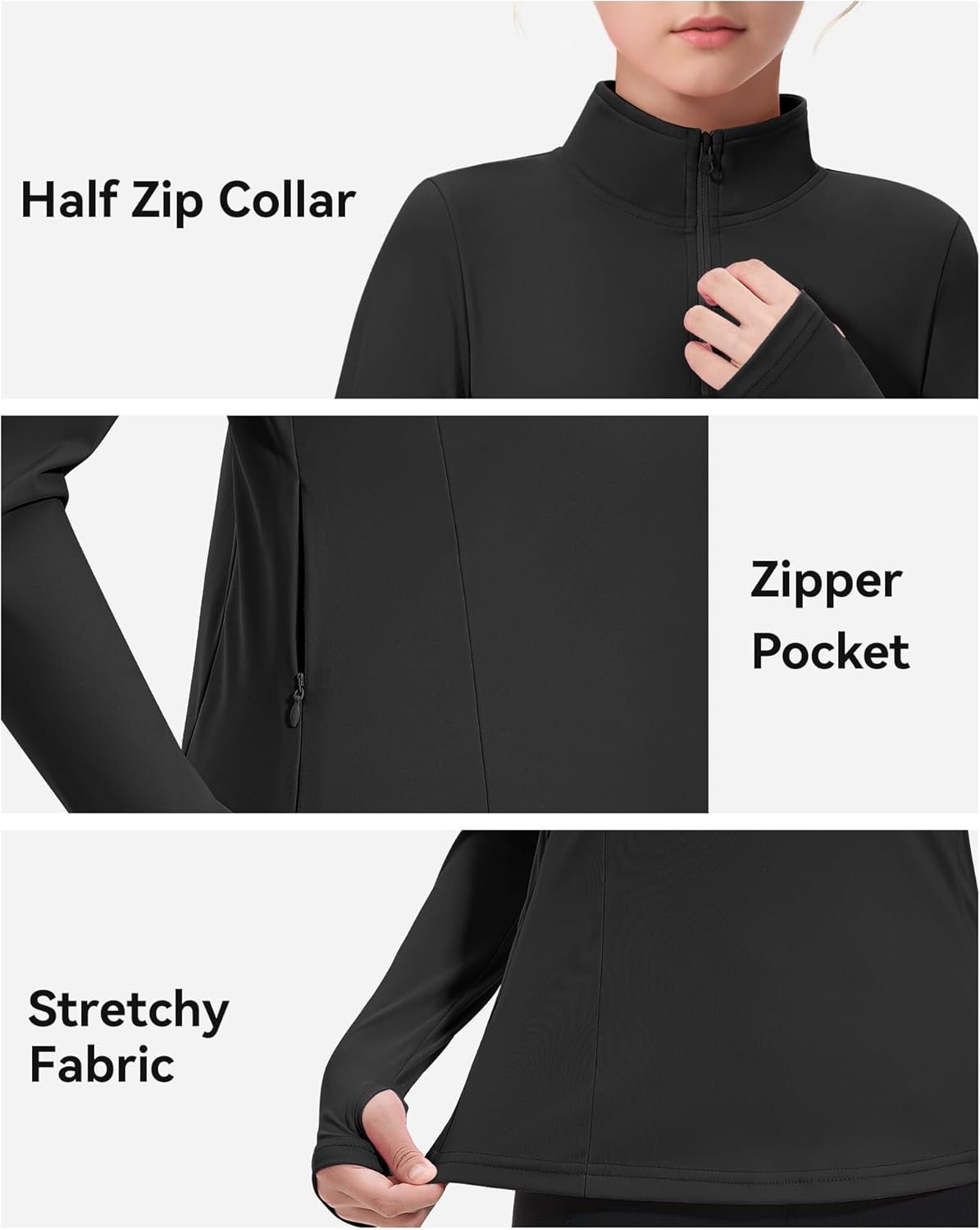 JOCMIC Girls Half Zip Athletic Jacket with Thumbhole