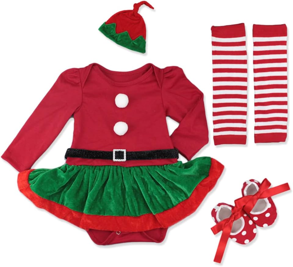 IDOPIP Baby Girl Christmas Outfit Red Santa Romper Set