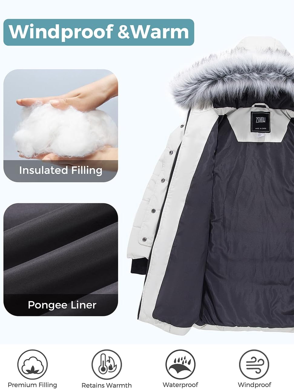 ZShow Girls Long Winter Coat Parka Waterproof Warm