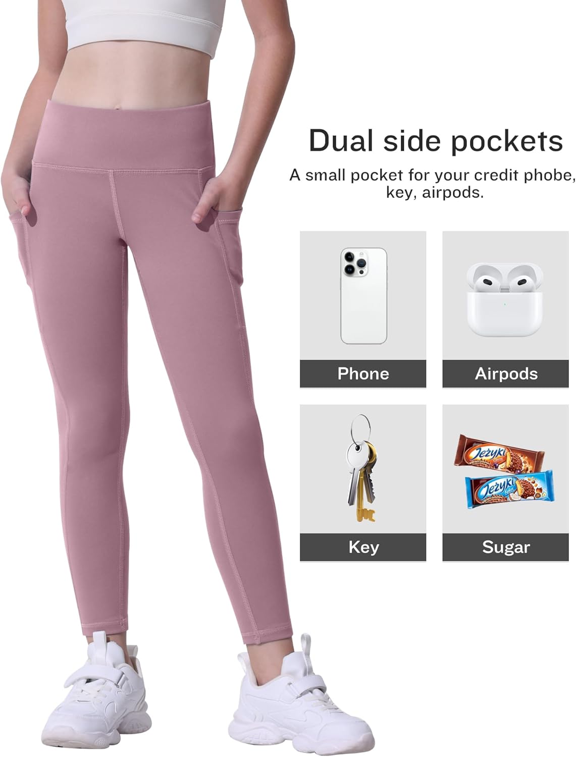 Functional Pockets Girls Athletic Leggings 5-Packs for Ages 5-15
