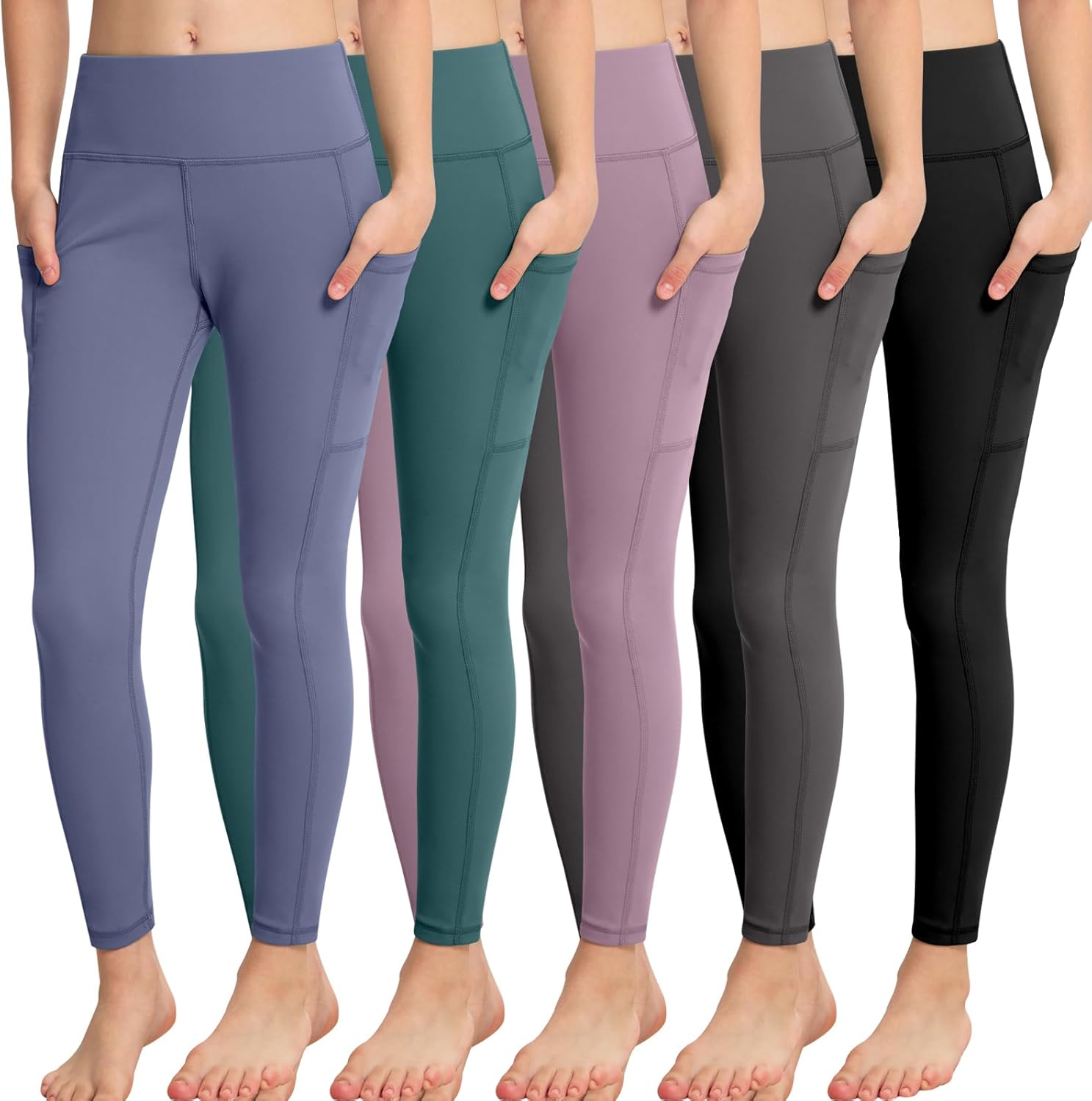 Functional Pockets Girls Athletic Leggings 5-Packs for Ages 5-15