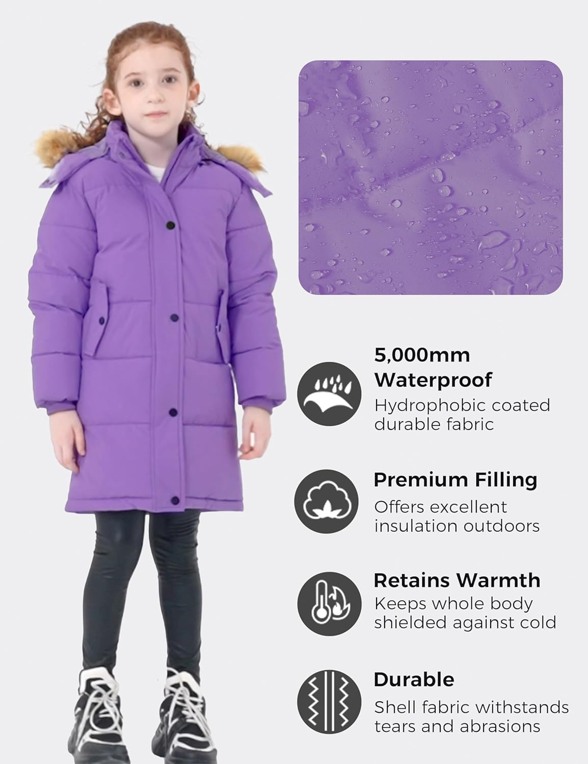 Wantdo Girls Winter Jacket Long Puffer Coat Fleece Outerwear Jacket with Hood Waterproof