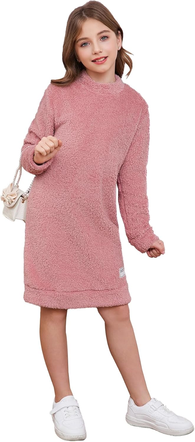 RoseSeek Girls Fuzzy Sherpa Long Sweatshirt Mock Neck Dress