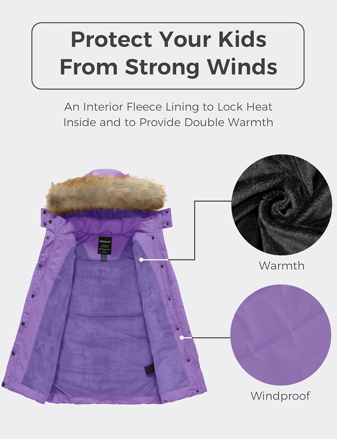 Wantdo Girls Winter Jacket Long Puffer Coat Fleece Outerwear Jacket with Hood Waterproof