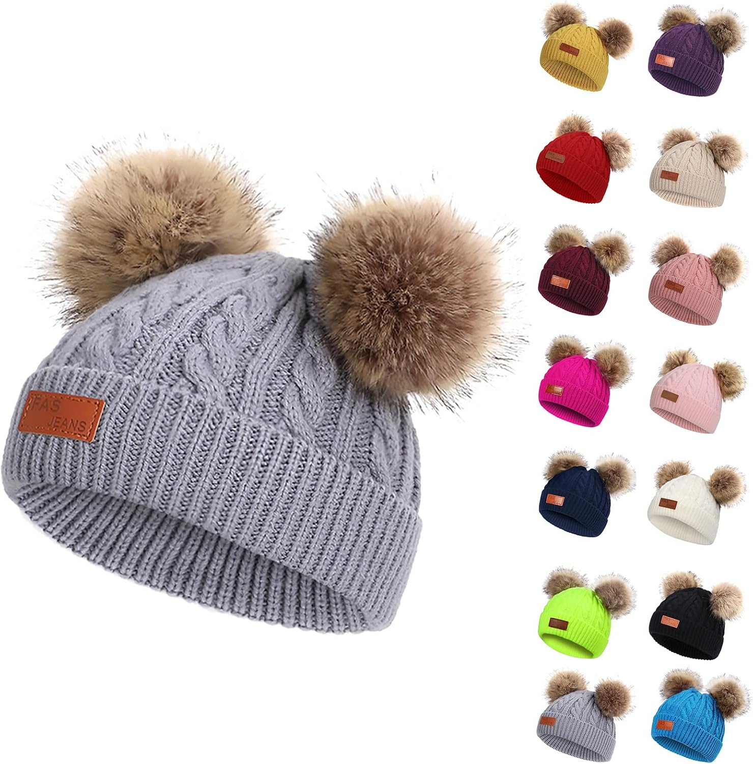 Egmy Baby Winter Knitted Beanie for Babies with Double Pom Poms