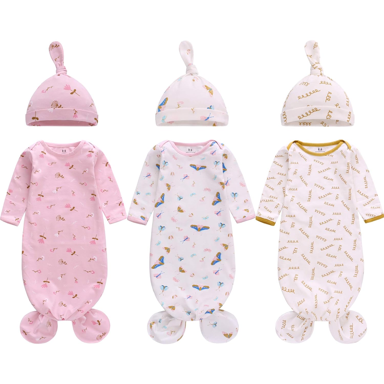 Miracle Baby Newborn Knotted Nightgown Set with Matching Hat 3Pack 95 Cotton
