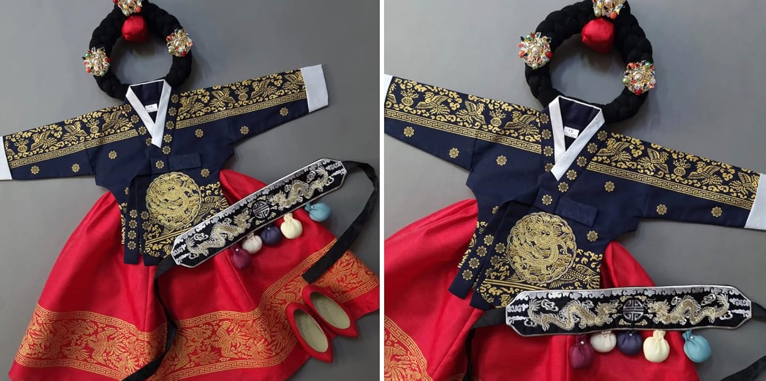 Korean Baby Girl Hanbok Navy Red Foil Dress 100 Days15yo