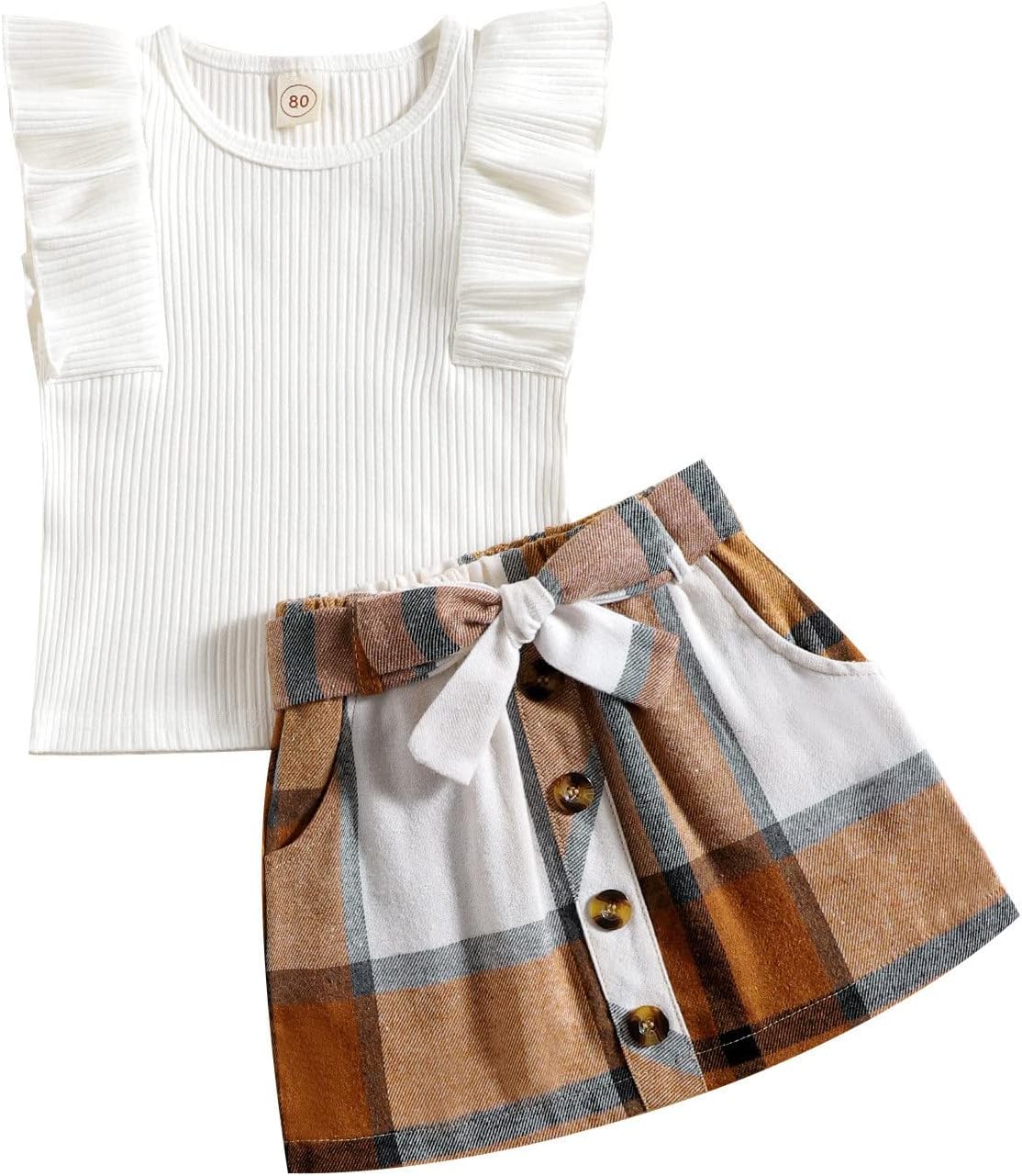 Ruffle Sleeveless Top Plaid Bow Skirt Set for Toddler Girls Summer