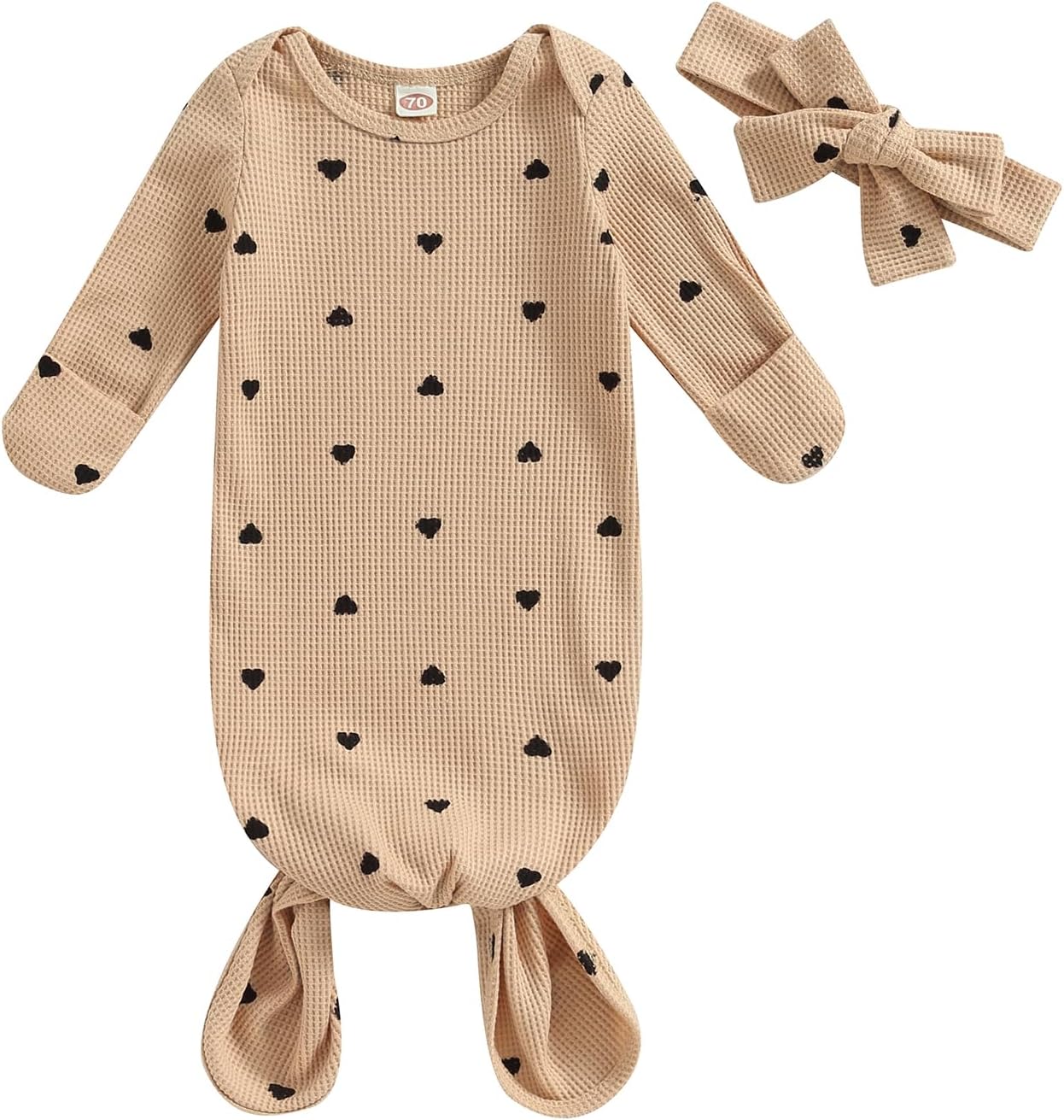 Valentines Knotted Gown Baby Newborn Sleeping Bag Heart Print Gown Khaki