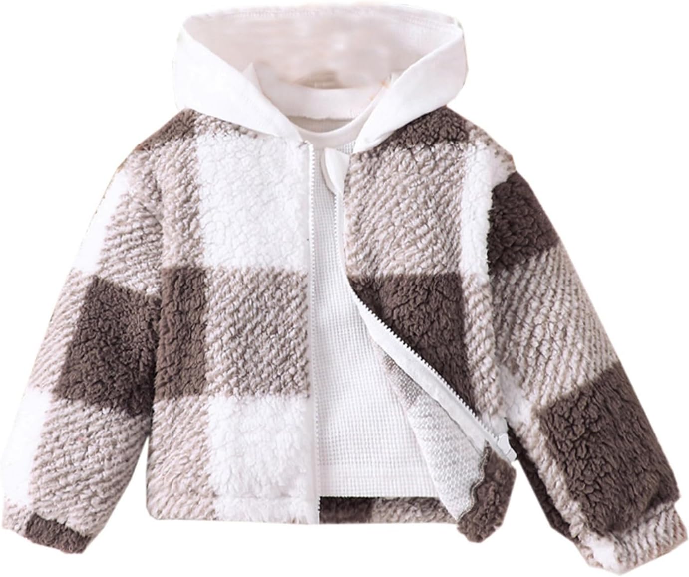 Childrens Autumn Winter Plush Plaid Hooded Coat for Girl Boy