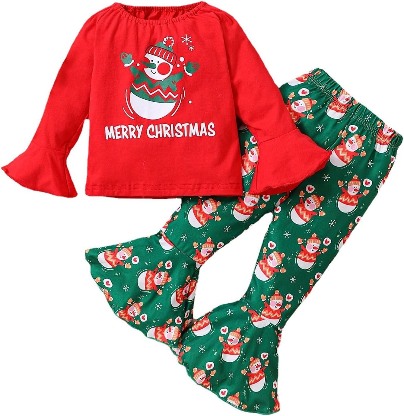 Warm Fuzzy Baby Girl Christmas Outfit - Flare Sleeve Top with Santa Pants Set