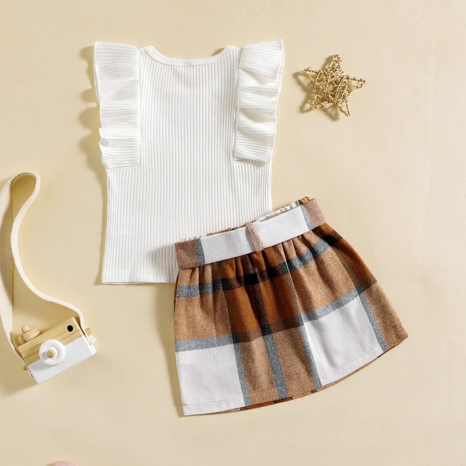 Ruffle Sleeveless Top Plaid Bow Skirt Set for Toddler Girls Summer