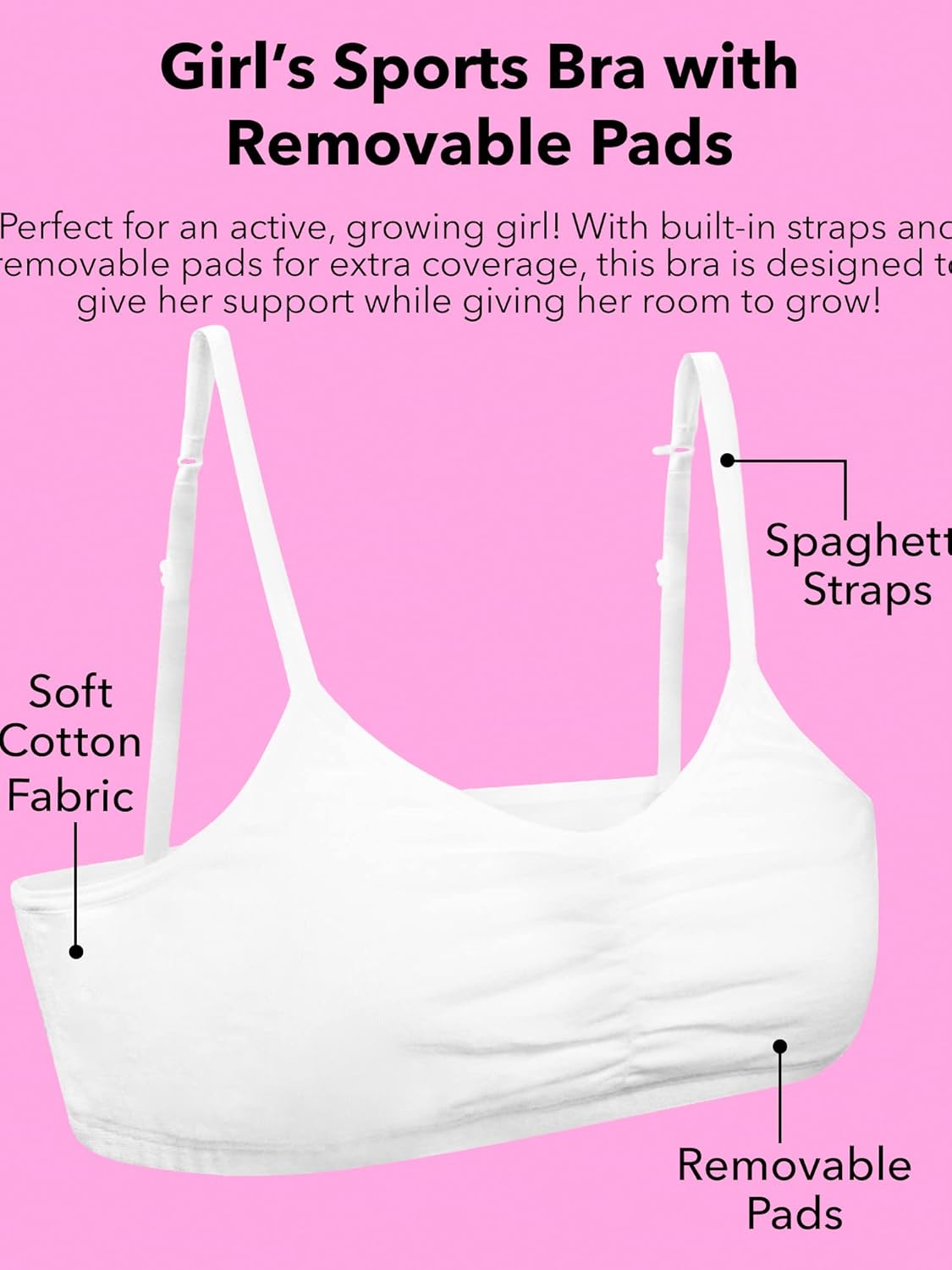 Fruit of the Loom Girls Sports Bra with Removable Pads 2-Piece