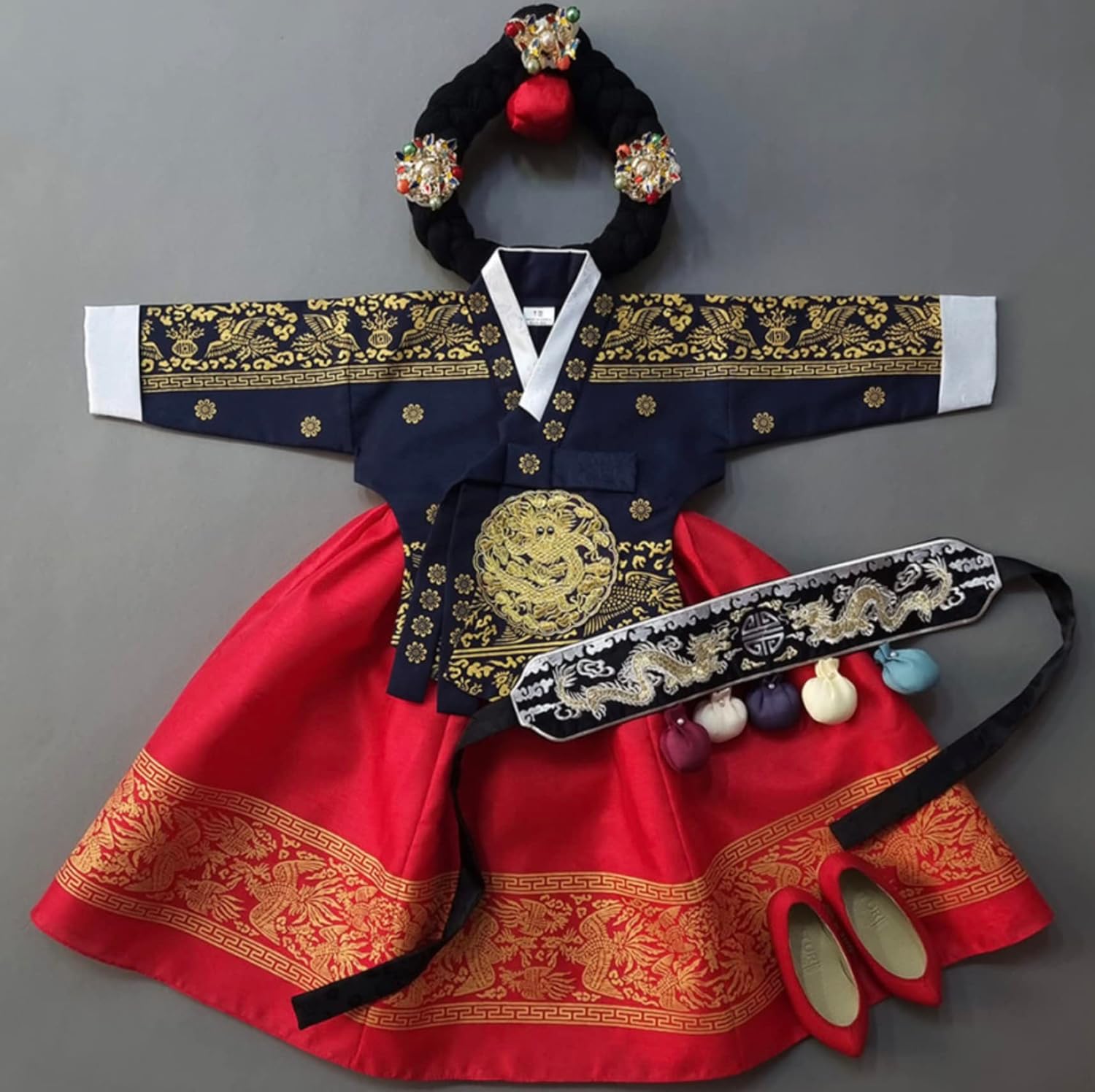 Korean Baby Girl Hanbok Navy Red Foil Dress 100 Days15yo