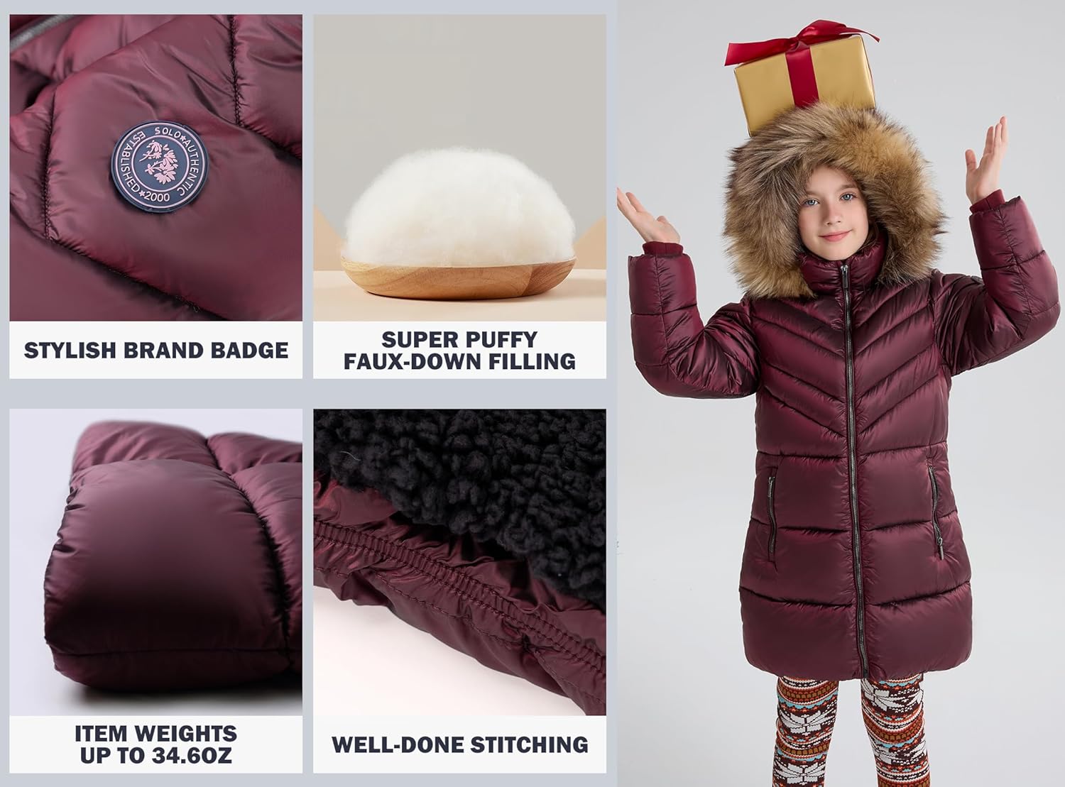 SOLOCOTE Girls Puffer Winter Coat Faux Down Filled Water-Resistant Sherpa Linings Cozy