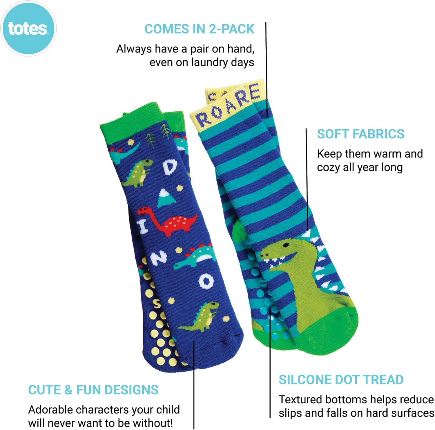 Totes Boys Cozy Slipper Socks with Dino Grips 2 Pack