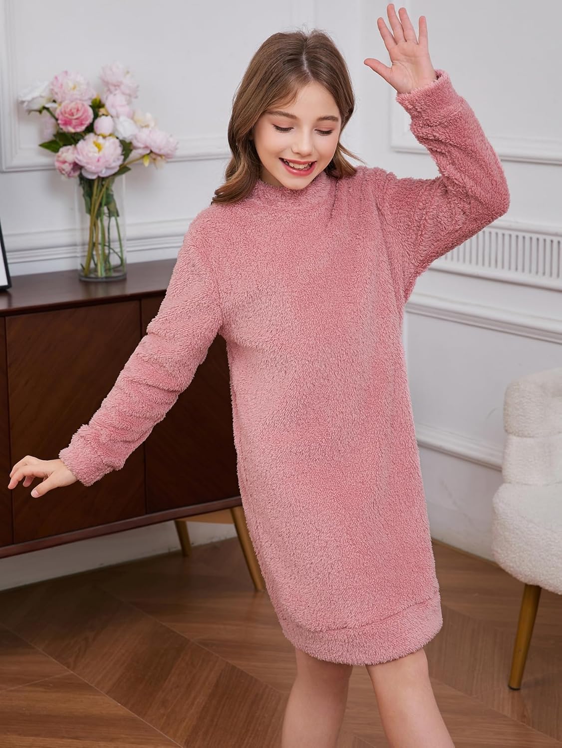 RoseSeek Girls Fuzzy Sherpa Long Sweatshirt Mock Neck Dress