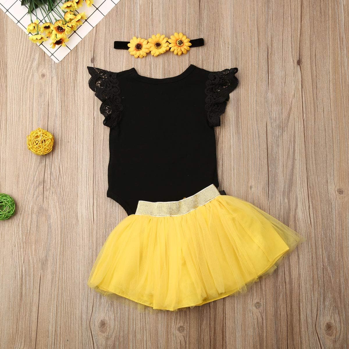 3PCS Baby Girls Flying Sleeves Alphabet Print Romper Sunflower Mesh Tutu Skirt Headband