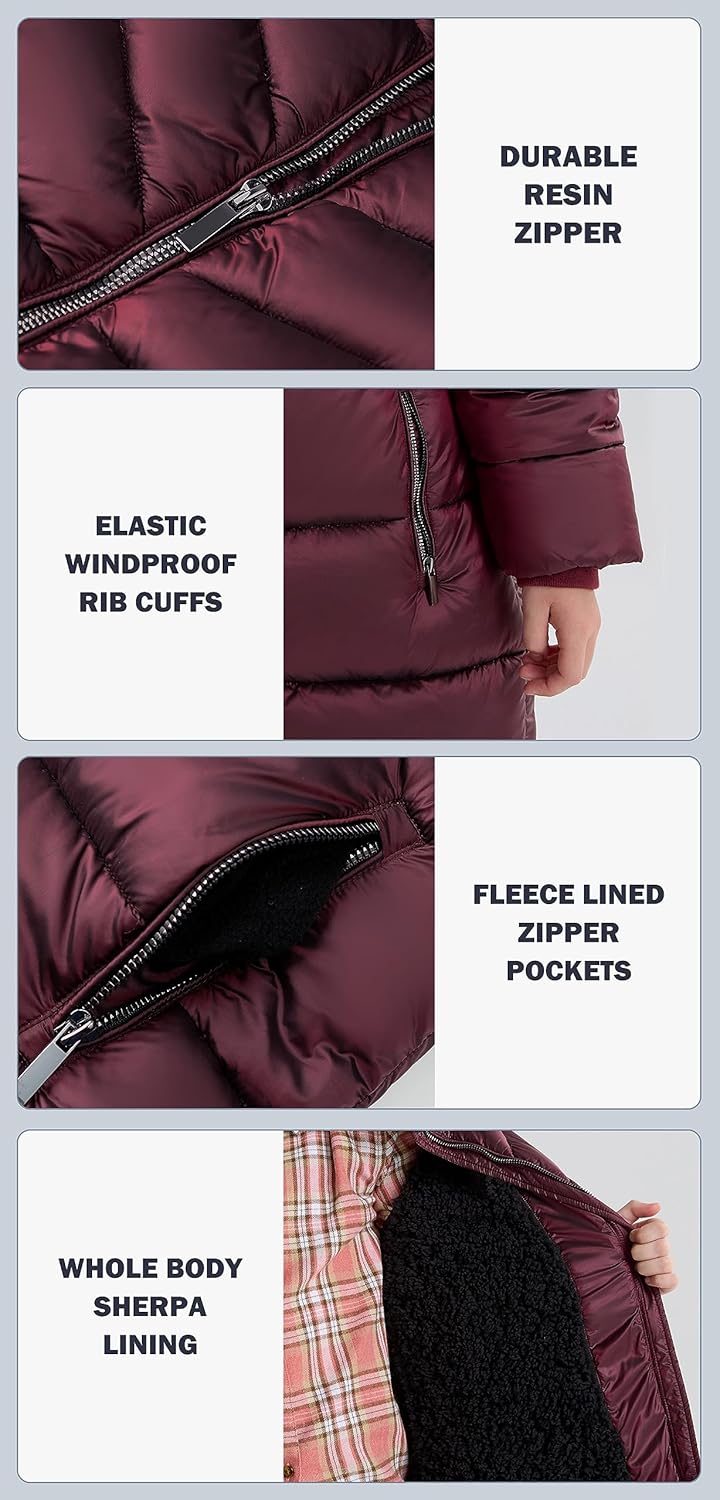 SOLOCOTE Girls Puffer Winter Coat Faux Down Filled Water-Resistant Sherpa Linings Cozy