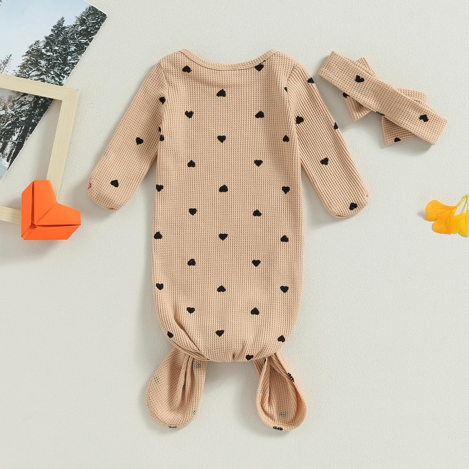 Valentines Knotted Gown Baby Newborn Sleeping Bag Heart Print Gown Khaki