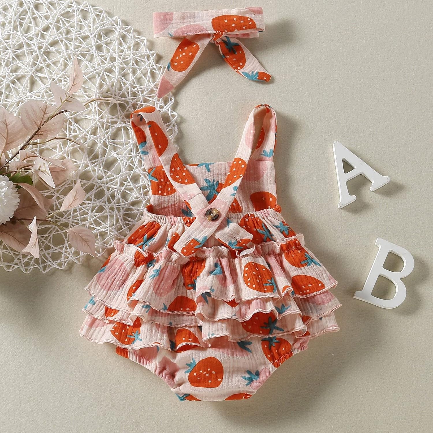 AMIMOJY Baby Girl Newborn Adjustable Roucher Summer Romper with Headscarf