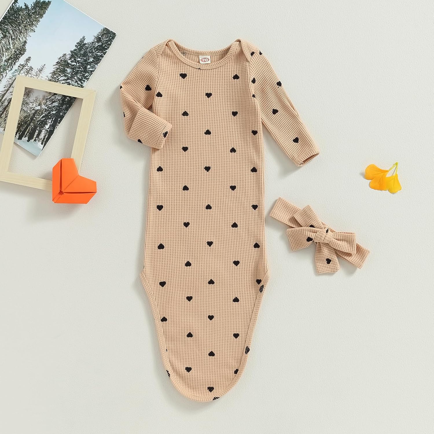 Valentines Knotted Gown Baby Newborn Sleeping Bag Heart Print Gown Khaki