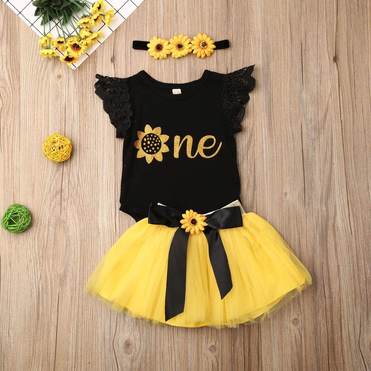3PCS Baby Girls Flying Sleeves Alphabet Print Romper Sunflower Mesh Tutu Skirt Headband