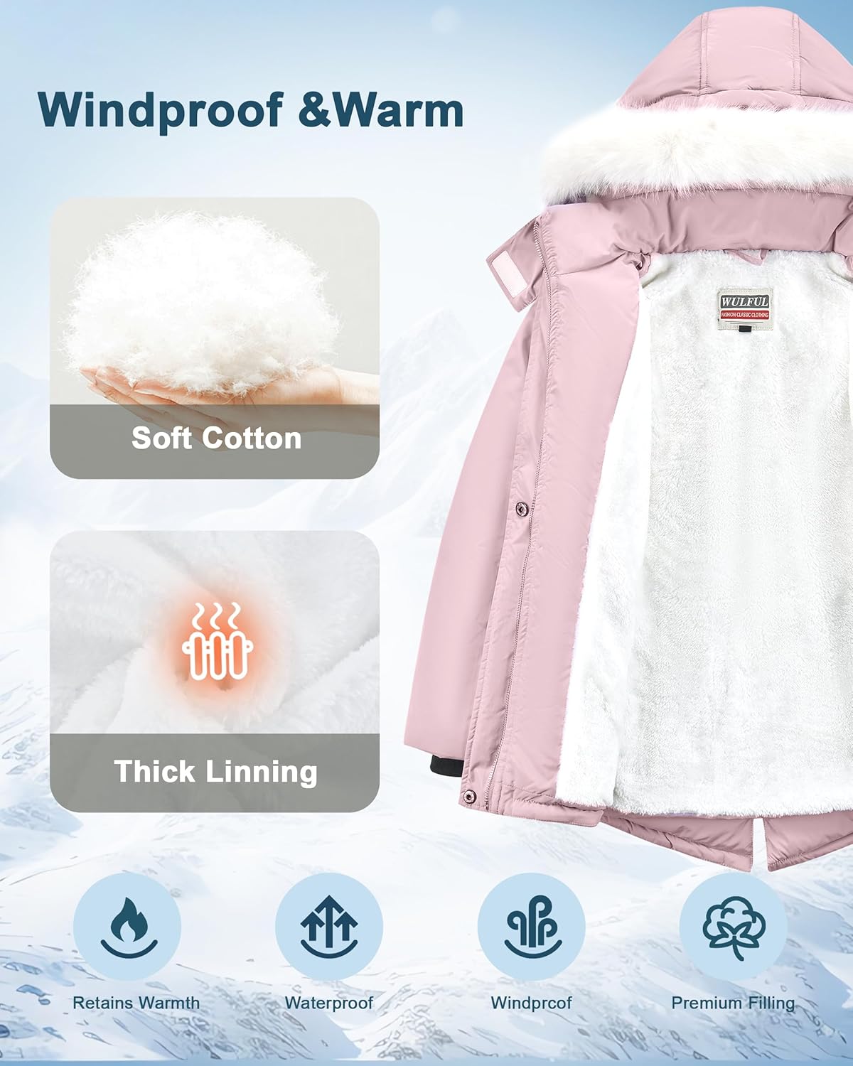 WULFUL Girls Winter Parka - Thicken Down-Like Fleece Mid-Length Waterproof Parka