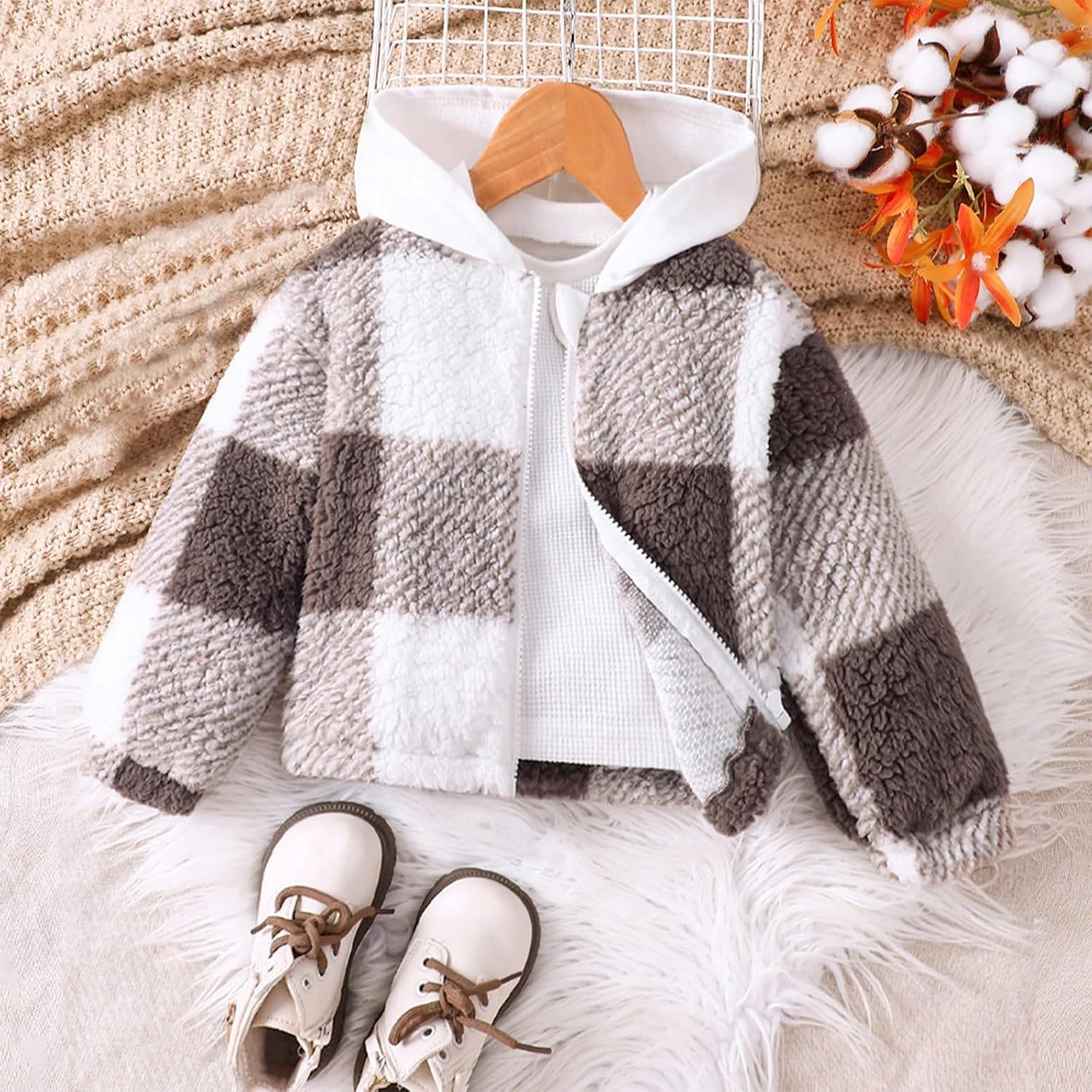 Childrens Autumn Winter Plush Plaid Hooded Coat for Girl Boy
