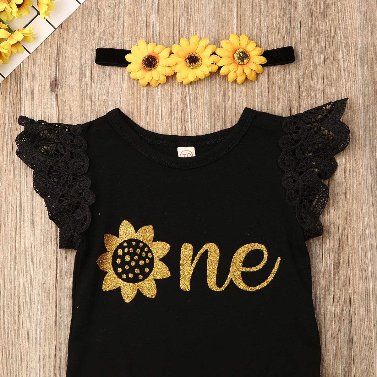 3PCS Baby Girls Flying Sleeves Alphabet Print Romper Sunflower Mesh Tutu Skirt Headband