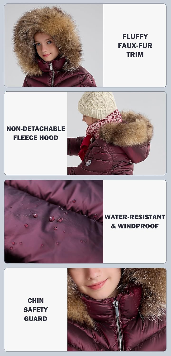 SOLOCOTE Girls Puffer Winter Coat Faux Down Filled Water-Resistant Sherpa Linings Cozy